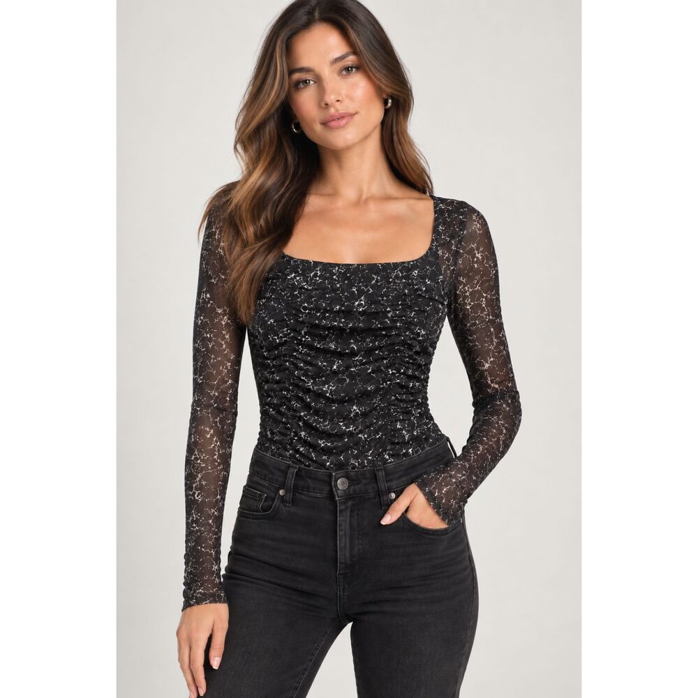 Open Edit XXS Ruched Mesh Bodysuit Black White Print Long Sleeve